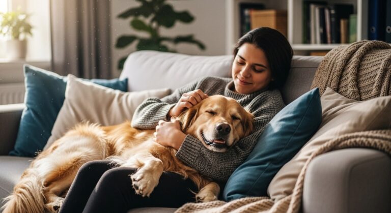 Young person hugging golden retriever on couch, relaxed and smiling.